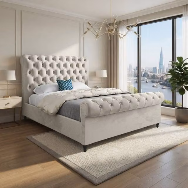 Casani Stourpaine Sleigh Upholstered Bed Frame in Beige Velvet, Super King, W/D/H: 200 x 189 x 119 cm