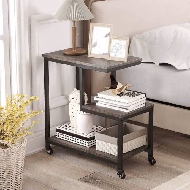 KORVIXA 3-Tier Mobile End Table in Grey with Castors
