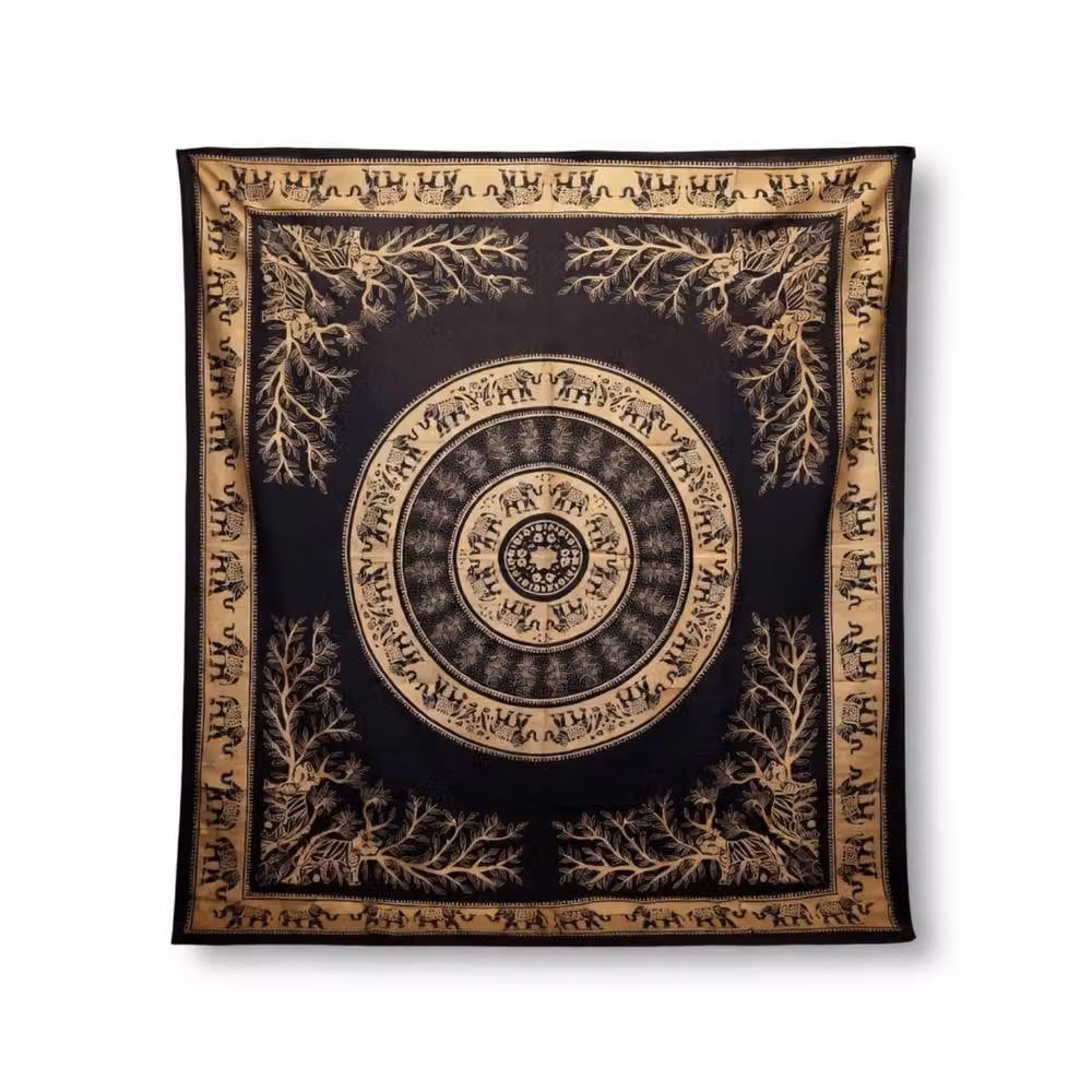 KDMD Elephant Jungle Double Cotton Bedspread and Wall Hanging Set in Black and Gold – 4
