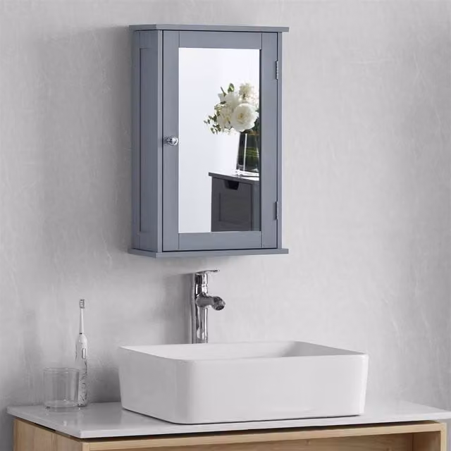 EONLION Grey Wooden Bathroom Mirrored Wall Cabinet with Internal Shelves