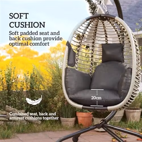 Outsunny Modern Egg Hanging Swing Chair with Metal Stand and Rope Structure in Grey – 5