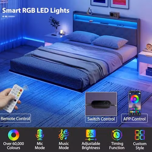 HOMCOM Grey Upholstered Floating Bed Frame with RGB LED Lights, USB Charging Ports and Side Compartments, W/D/H: 150 x 200 cm – 4