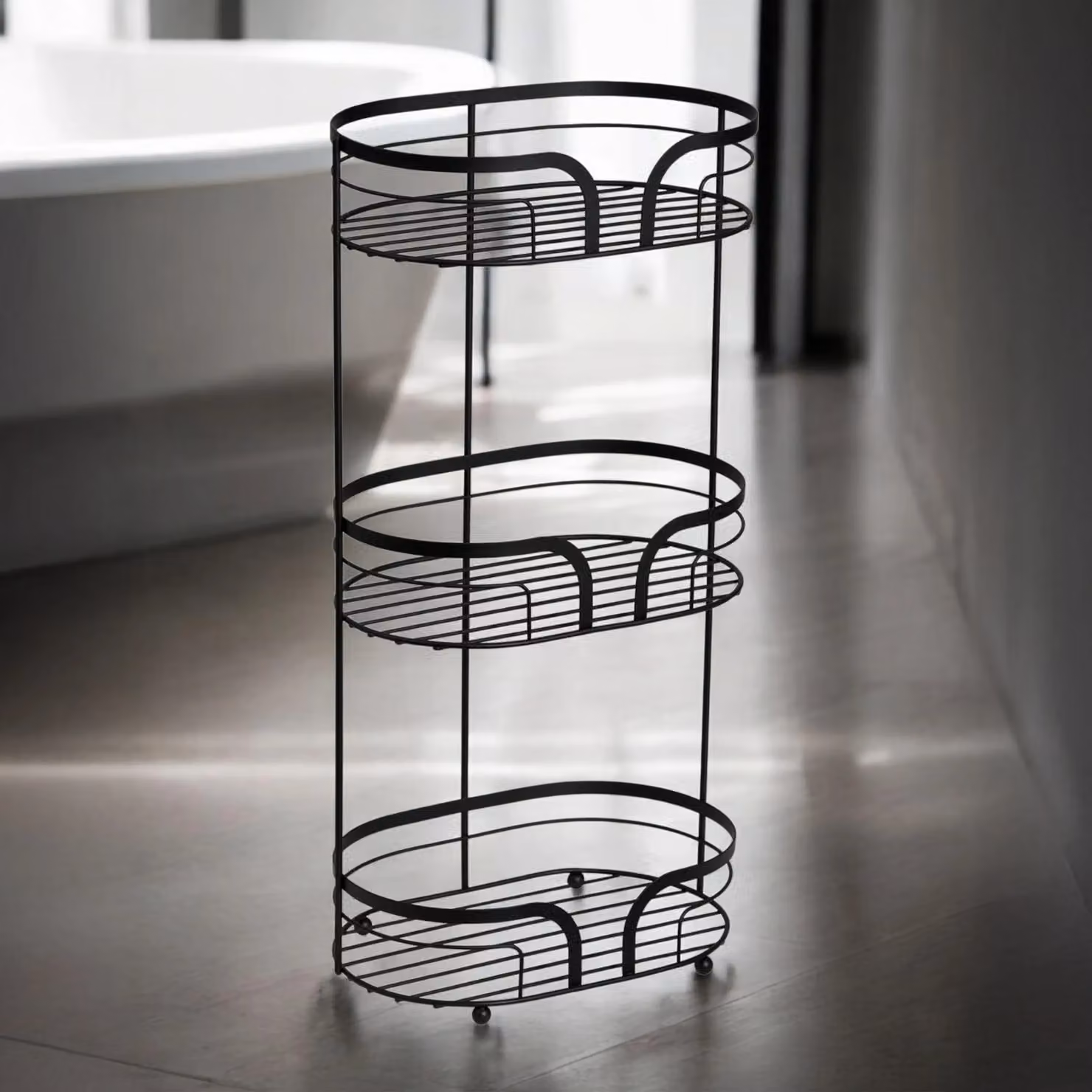 Showerdrape Dante Freestanding Metal Floor Caddy and Toilet Roll Holder in Black, H: 57.0 cm, W: 28.5 cm, D: 2.0 cm – 2