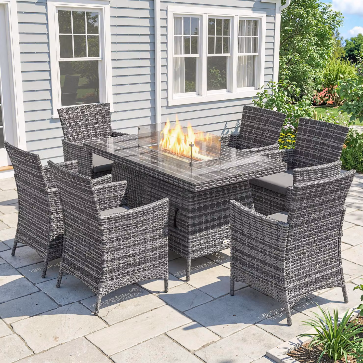 Outsunny 7 Piece Grey PE Rattan Garden Dining Set with 50,000 BTU Fire Pit Table and Armchairs with Cushions – 2