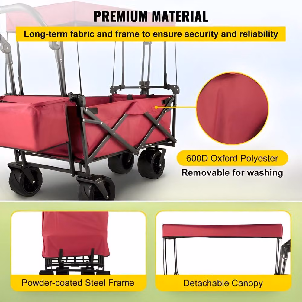 VEVOR Foldable Trolley with Adjustable Handle and Removable Canopy, Red – 5