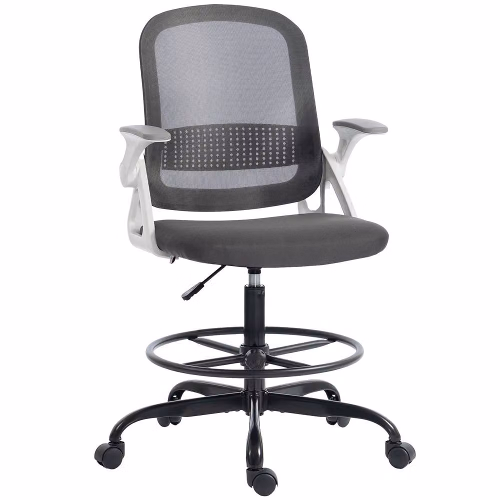 STILVORA Grey Fabric Drafting Chair with Flip-up Armrests and Foot Ring – 5
