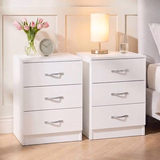 Vida Designs Riano 3 Drawer Bedside Chest Set of 2 in White