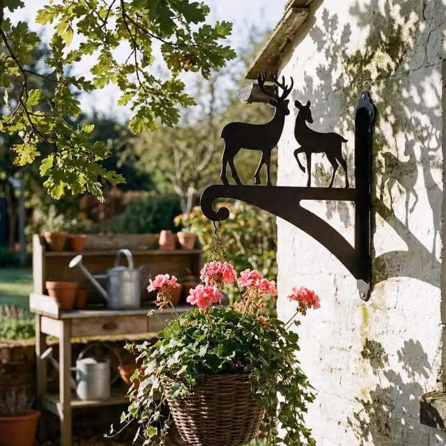 Laser Hut Black Metal Deer Couple Ornamental Hanging Basket Planter Bracket