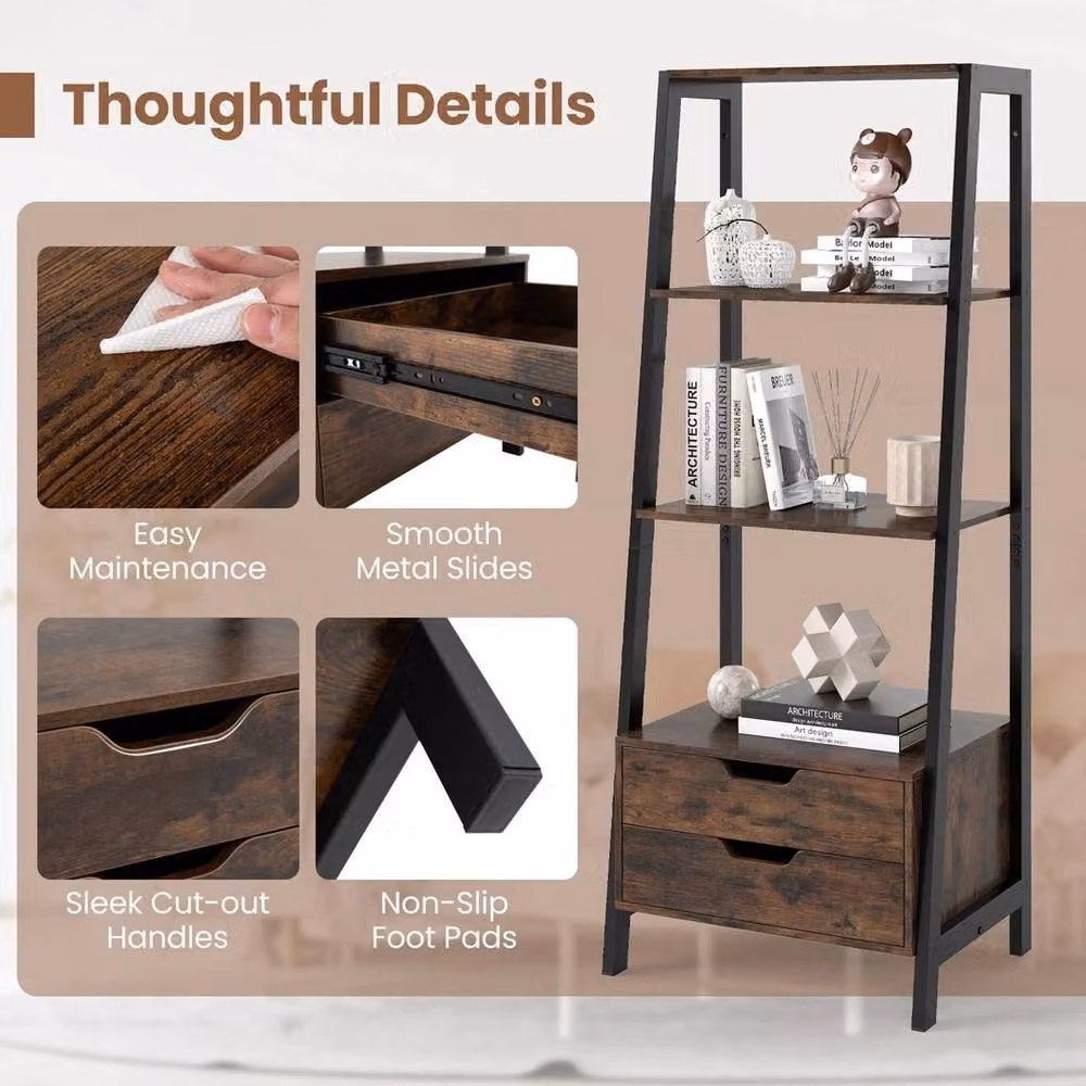 KORVIXA Tall Freestanding Display Rack with 4 Open Shelves in Brown Metal – 4