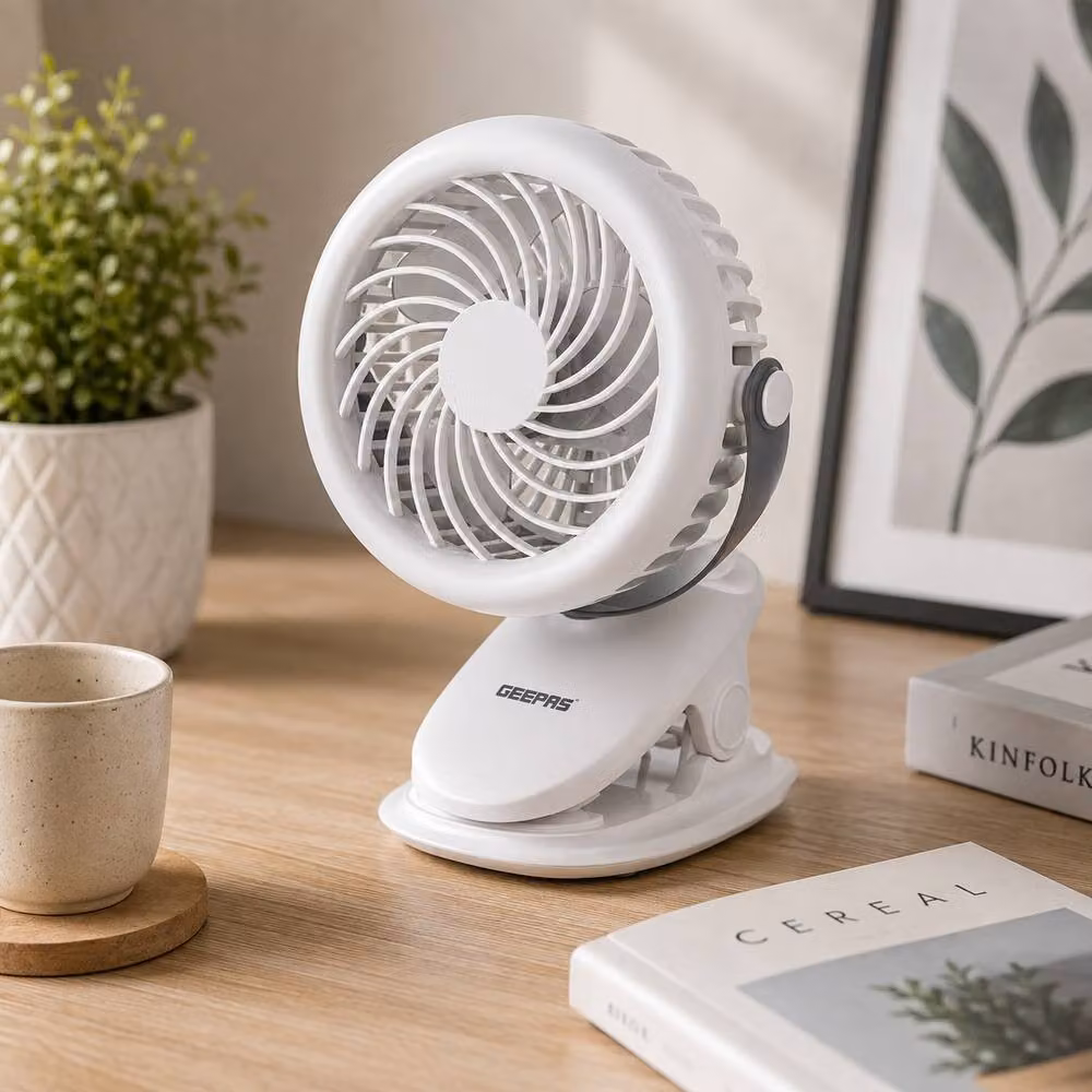 Geepas Rechargeable Mini Clip Fan with LED Light in White – 2