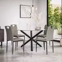 More4Homes Malvern Round Dining Table and 4 Monza Fabric Dining Chairs Set, Clear Glass Top with Solid Oak Black Legs and Grey Chairs