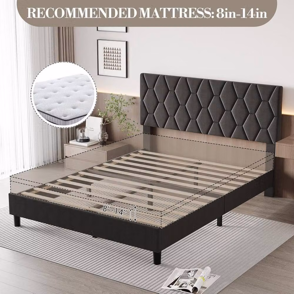 London Boutique Modern Double Size Upholstered Platform Bed Frame with Headboard in Grey, W/D/H: 140 x 200 cm – 5