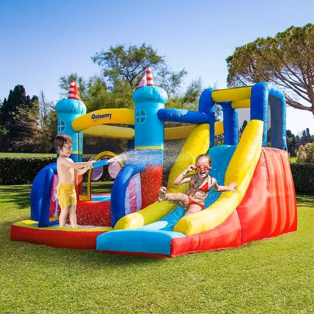 Outsunny Large Sailboat Castle Slide Pool Trampoline with Motor, Red and Multicolour