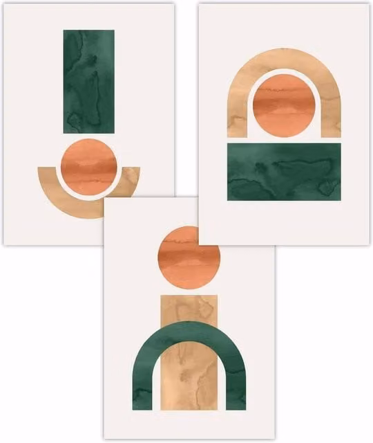 ARTZE Set of 3 Mid Century Abstract Geometric Graphic Art Posters in Green, Yellow and Orange, W: 42 cm x H: 59 cm