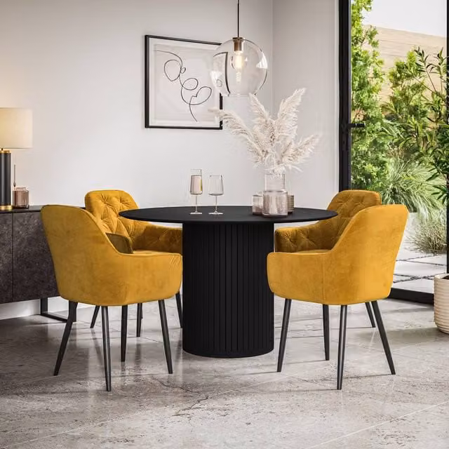 More4Homes Arlo Black Round Dining Table and Anika Mustard Velvet Dining Chairs Set of 4, W: 120 cm, H: 75 cm – 1