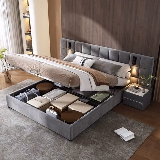 Rolipo Grey Velvet Double Bed with Hydraulic Storage, USB Charging Port and Integrated Reading Light – 1