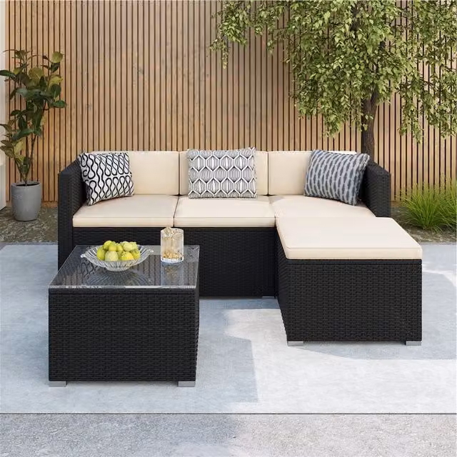 Yaheetech 5 Piece Rattan Patio Sofa Set with Cushions in Beige and White