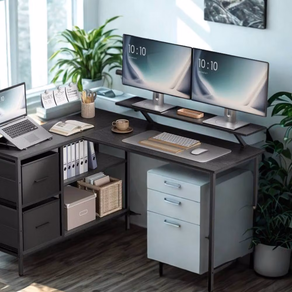 Pirlo Plush Industrial Rustic L-Shaped Corner Computer Desk with Drawers, Black, W/D/H: 105 x 105 x 89.5 cm – 2
