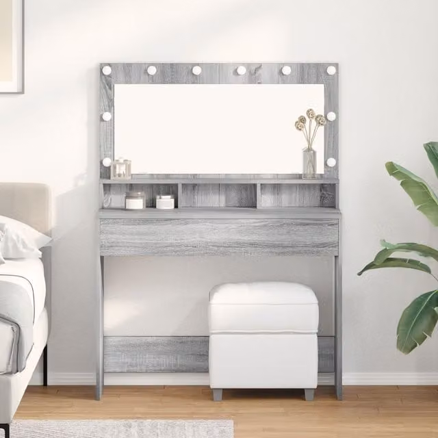 Berkfield Home Sonoma Dressing Table with LED Lights in Grey, W/D/H: 100 x 41 x 135 cm