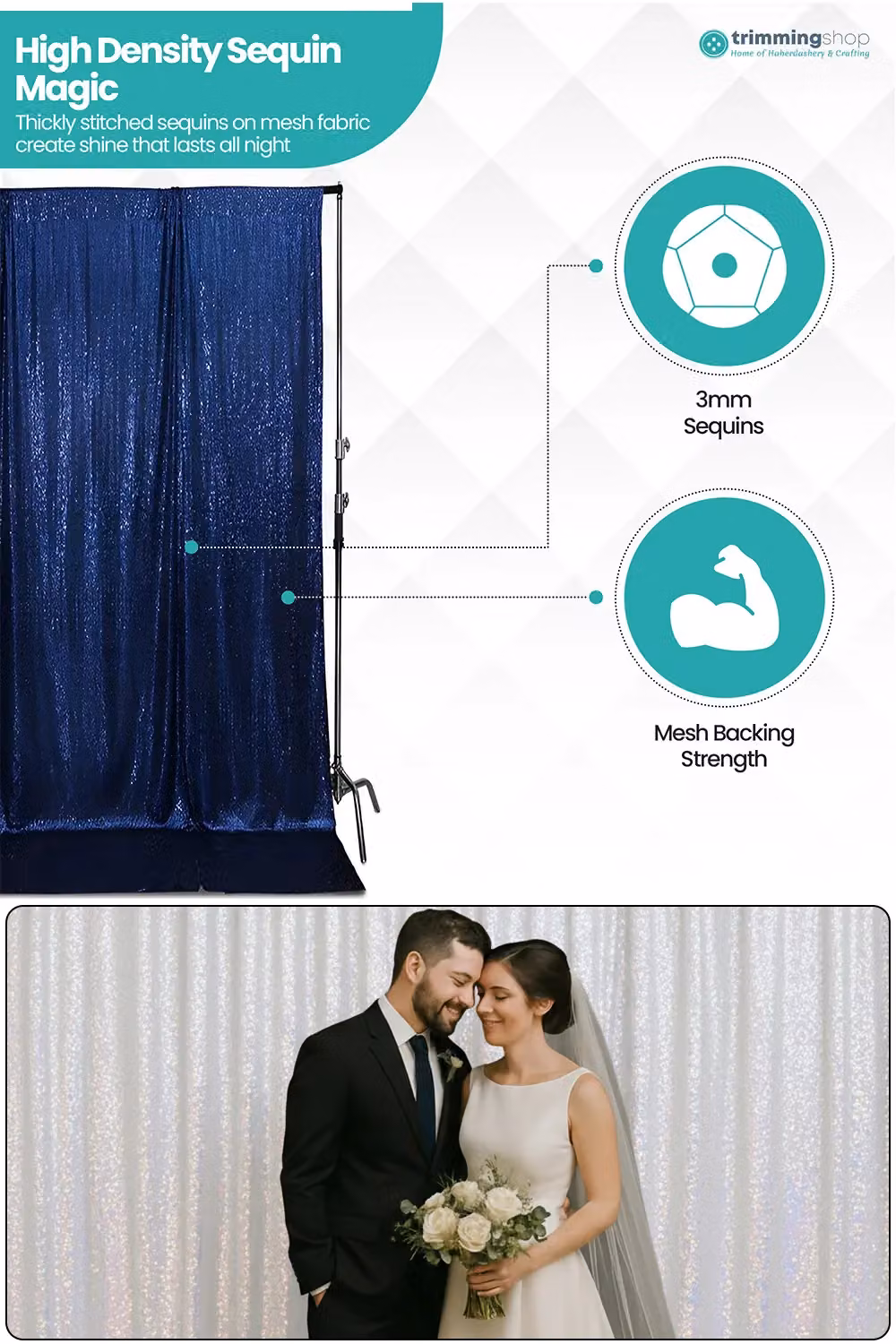Neel Blue Shiny Sequin Backdrop Glitter Curtain in Navy, W: 121.92 cm, H: 213.36 cm – 3