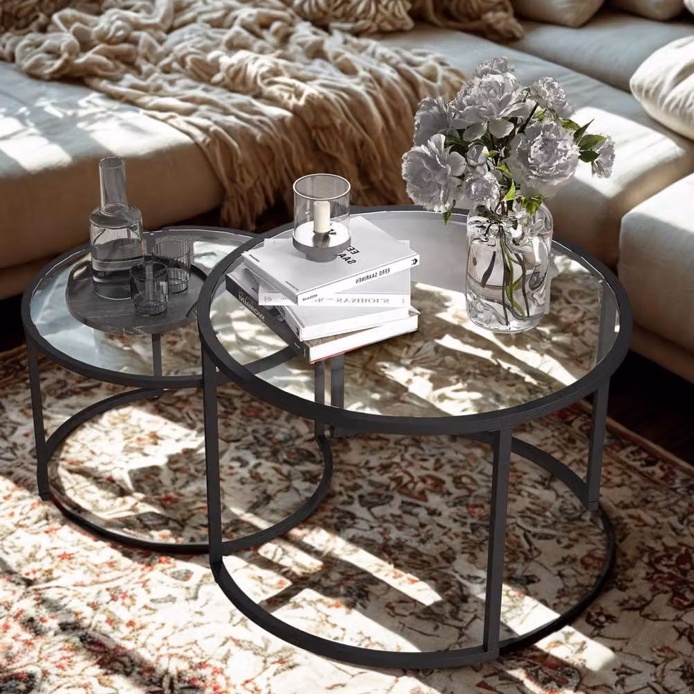 FURNOS Set of 2 Round Black Nesting Tables with Tempered Glass Tops – 3