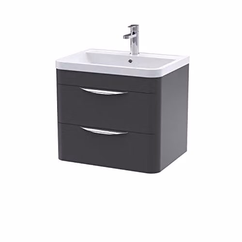 nuie Parade Modern 2 Drawer Wall Hung Bathroom Vanity Cabinet with Ceramic Basin, Satin Anthracite, W: 60 cm, D: 44.5 cm, H: 59.6 cm