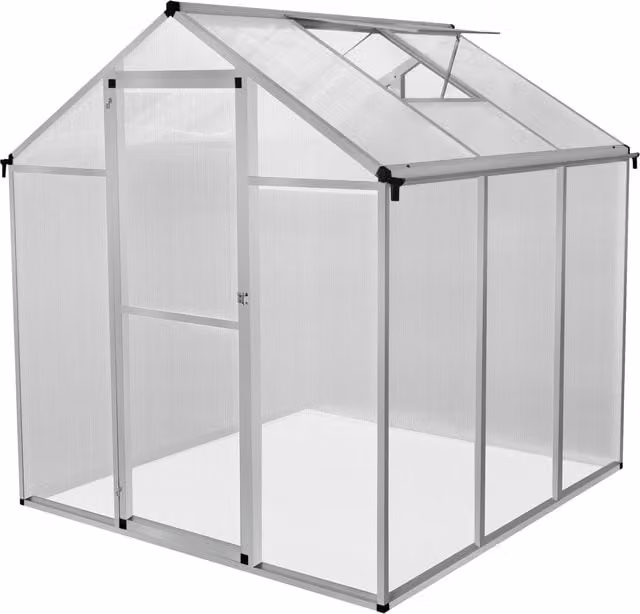 Monster Shop Silver Polycarbonate Gable Greenhouse with Hinged Window and Rain Gutter