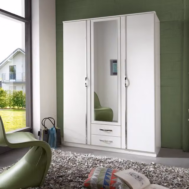 Tjs Duo Modern White Mirror Wardrobe with 3 Doors and 2 Drawers