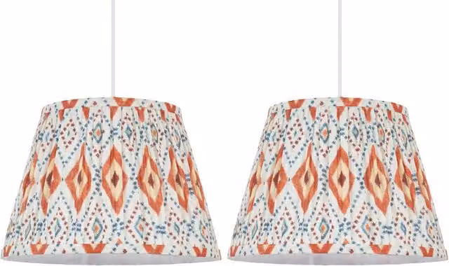 First Choice Lighting Set of 2 Ikat Orange Multicolour Fabric Easy Fit Round Pendant or Table Lampshades, Diameter: 30 cm
