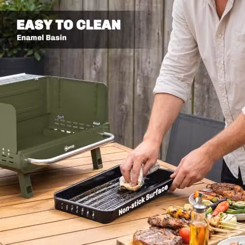 Outsunny Portable Tabletop Charcoal Barbecue Grill with Stainless Steel Warming Rack in Green – 10