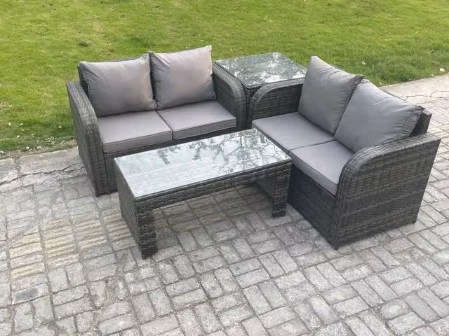 Fimous High Back Rattan Garden Furniture Set in Dark Grey with 2 Seater Sofa, Coffee Table and Upholstered Cushions