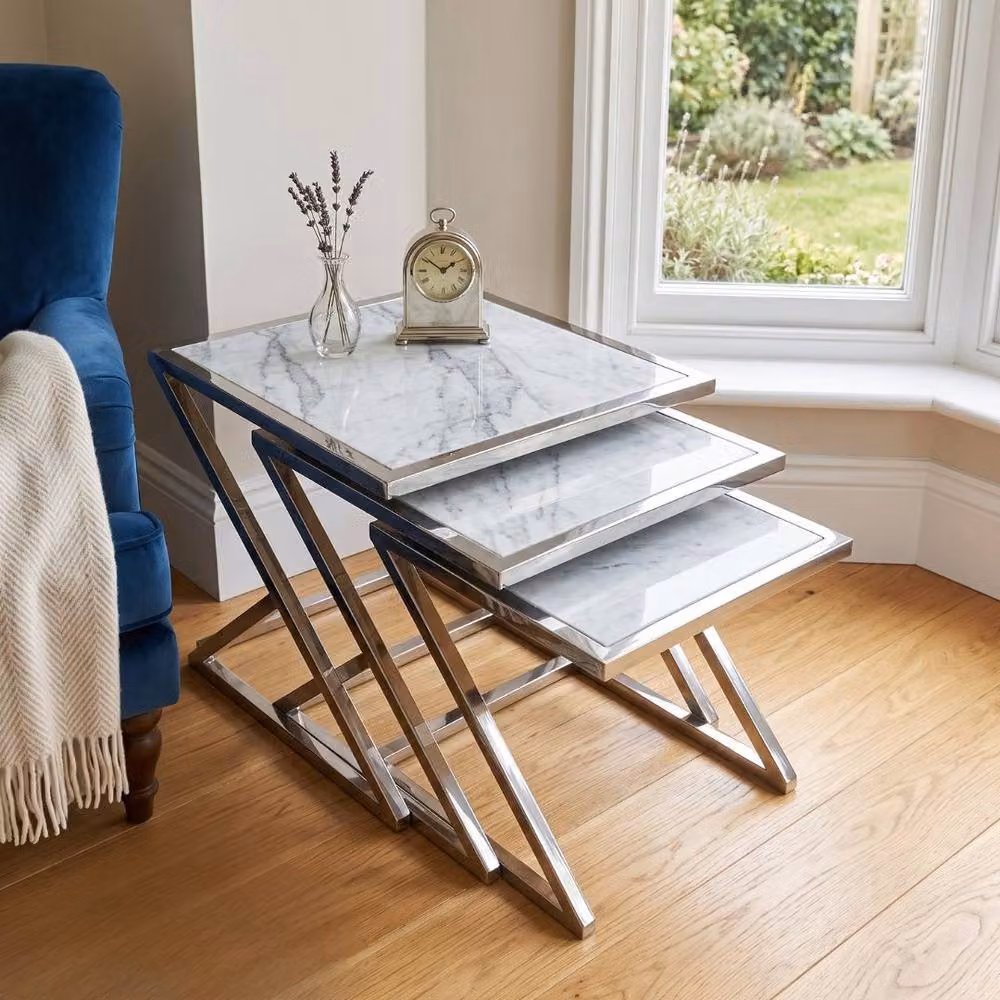 Home Luxe Interior Carra Silver Nest of 3 Tables with White Marble Tops and Silver Metal X-Frame – 2