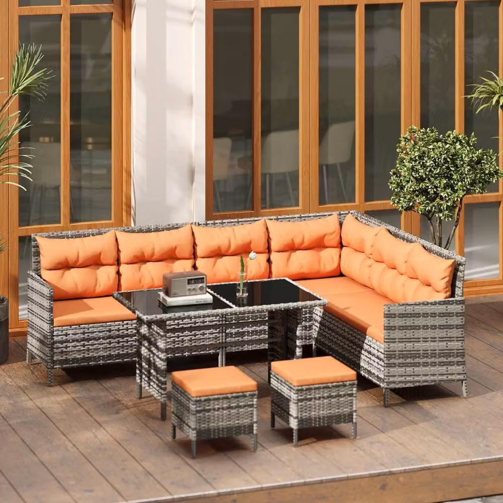 Wyld Haus Tasu 7 Seater Rattan Outdoor Corner Sofa Set with Orange and Grey Cushions – 3