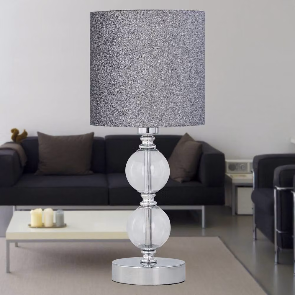 First Choice Lighting Chrome Two Ball Table Lamp with Silver Glitter Shade – 3