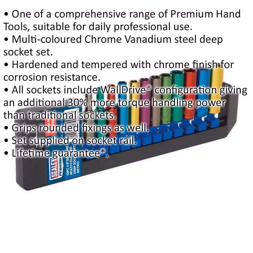 Loops 12 Pack Multi Colour 1/4 inch Metric Deep Socket Set with 6 Pt WallDrive – 2