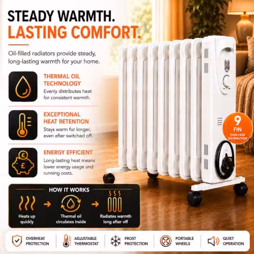 MYLEK 2000W Oil Filled Electric Radiator with Adjustable Thermostat and Safety Protection, White, W: 39 cm, H: 55 cm, D: 24 cm – 2