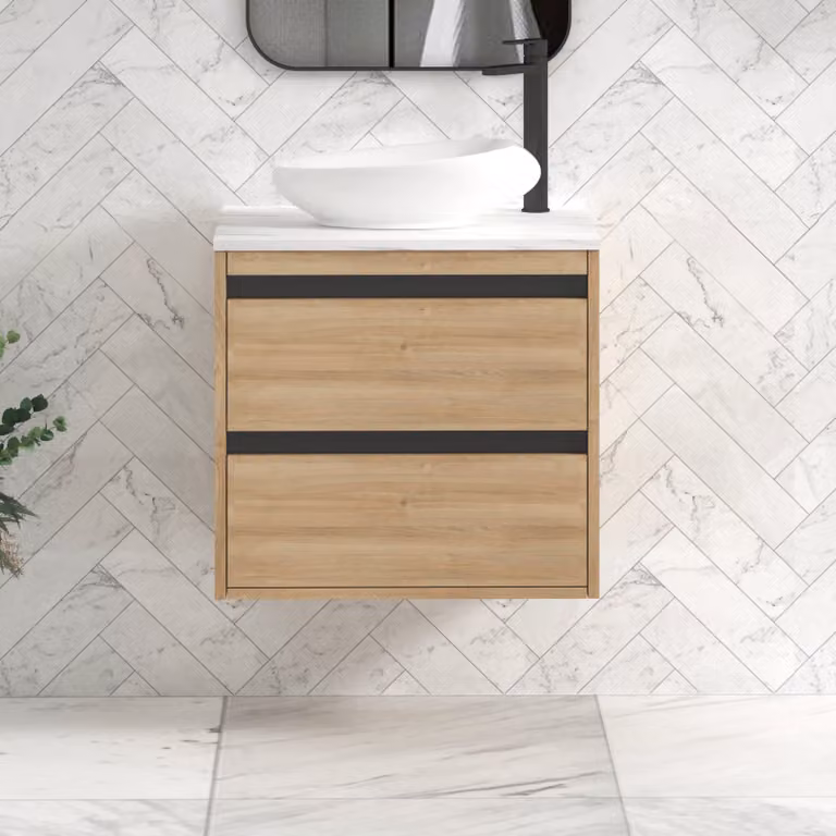 Royal Bathrooms Orion 600mm Natural Oak Wall Hung Vanity Unit with Nova Basin and Black Accent Trim