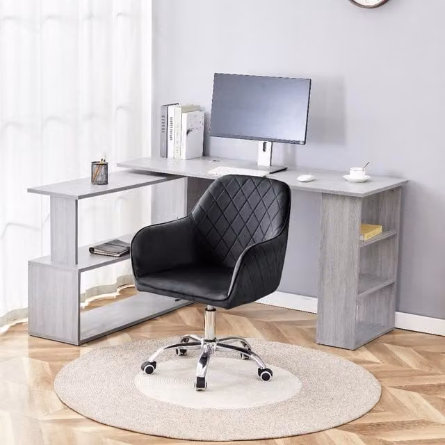 Kosy Koala Modern L-Shaped Office Desk with Storage Shelves and Upholstered Chair in Black and Grey