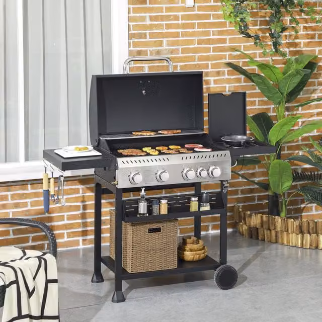Outsunny 41 cm Gas Burner Grill Trolley with Piezo Ignition in Black