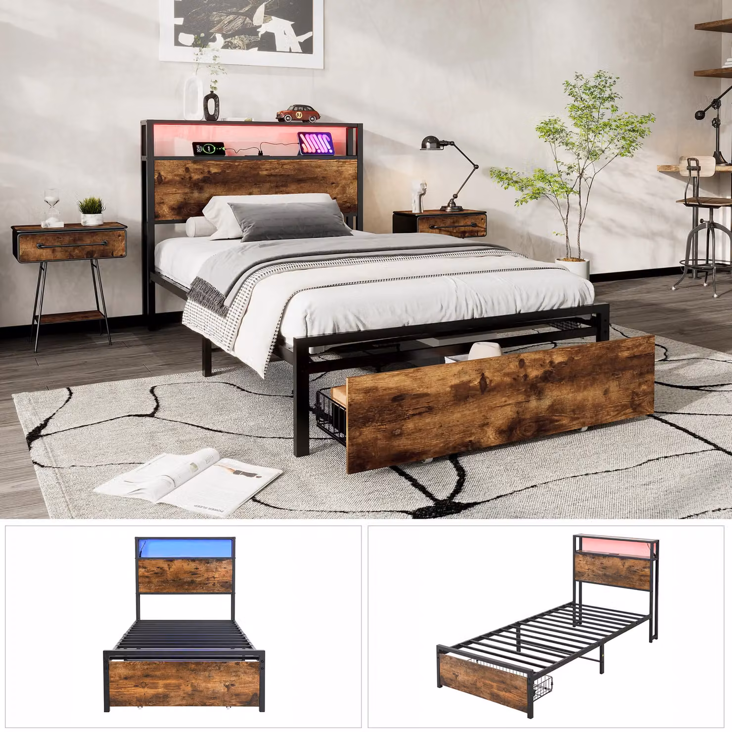 Matteo Metal Single Bed in Black with LED Light Strip, Storage Drawer and USB/Type C Ports, W/D/H: 90 x 190 x 105 cm – 9