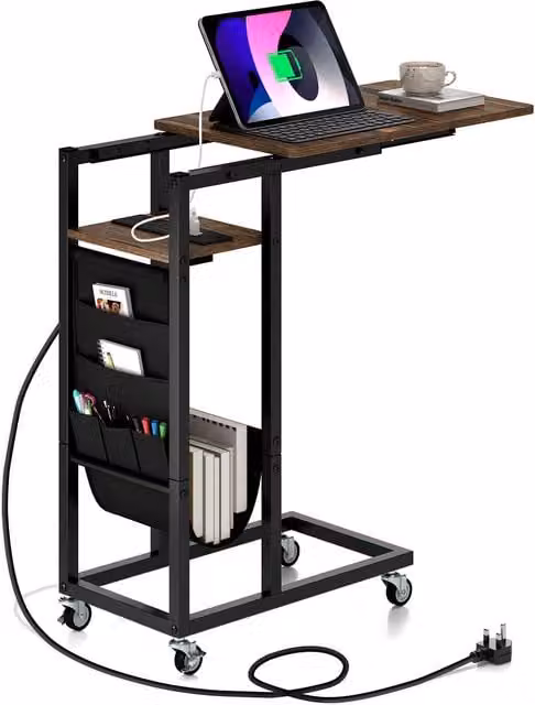 COSTWAY C-shaped End Table with Charging Station, Dark Brown, Extendable and Modern