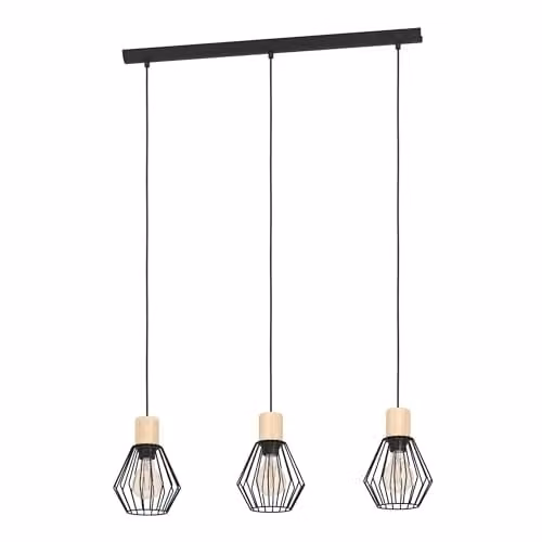 Eglo Palmorla 3-Light Industrial Pendant Lamp in Black and Wood