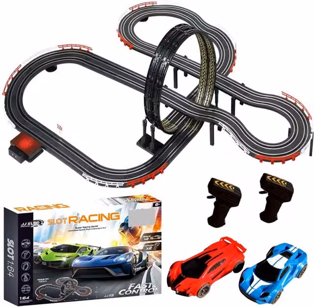 Rexco 1:64 Scale Electric Remote Control Slot Car Racing Track Set in Black