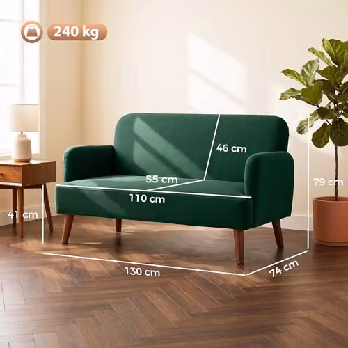 HOMCOM 2 Seater Upholstered Fabric Sofa in Green with Rubberwood Legs – 3