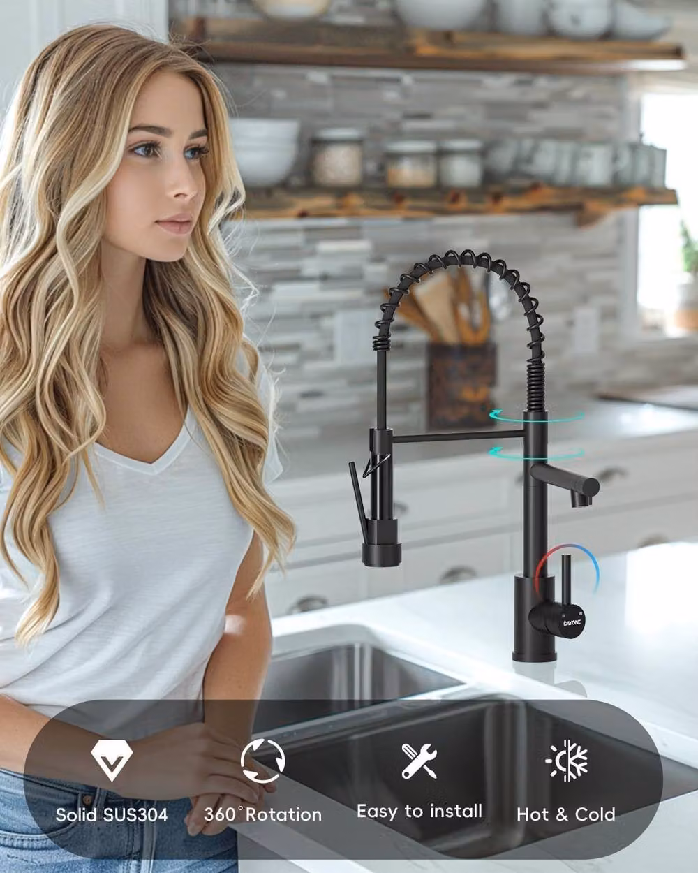 JANLEMNY Matt Black Dual Spout Pull-Down Kitchen Mixer Tap with Spray Function and Swivel Spout – 5