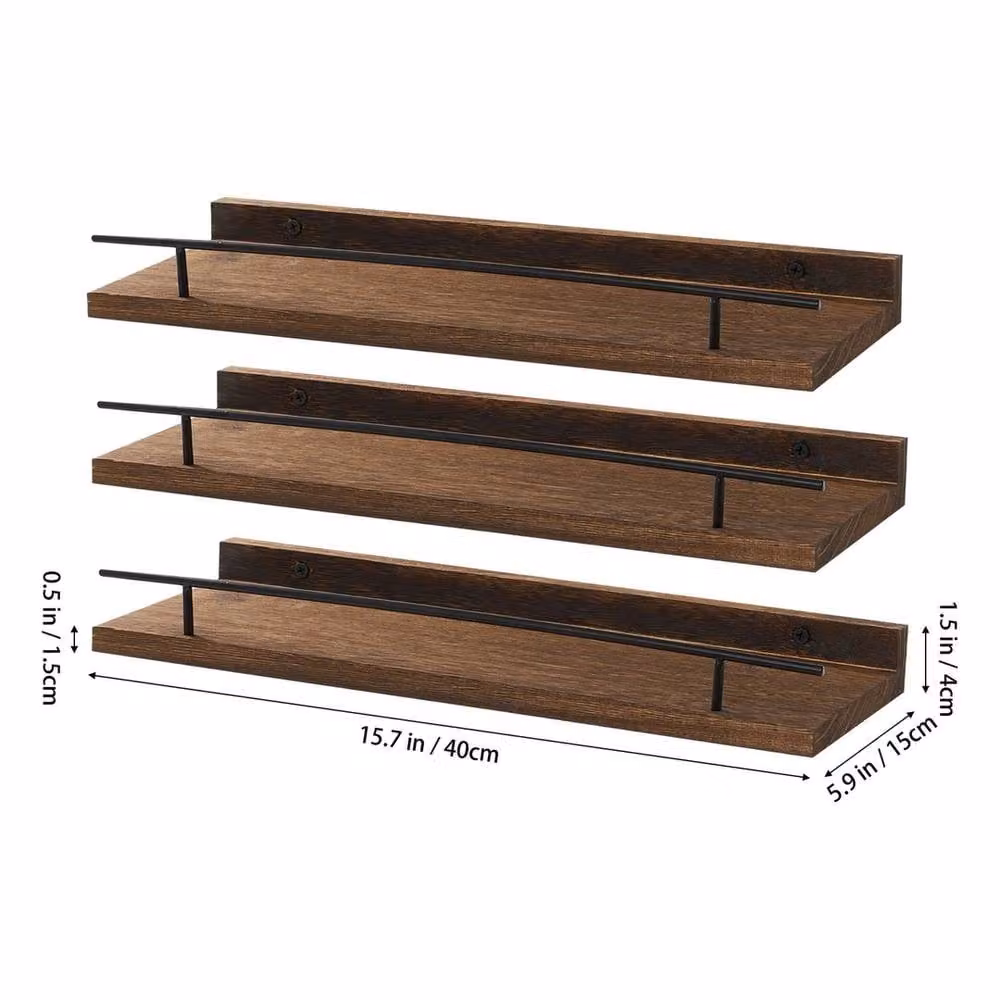 VOGREX Brown 3-Piece Industrial Wood and Metal Floating Wall Display Shelves – 2