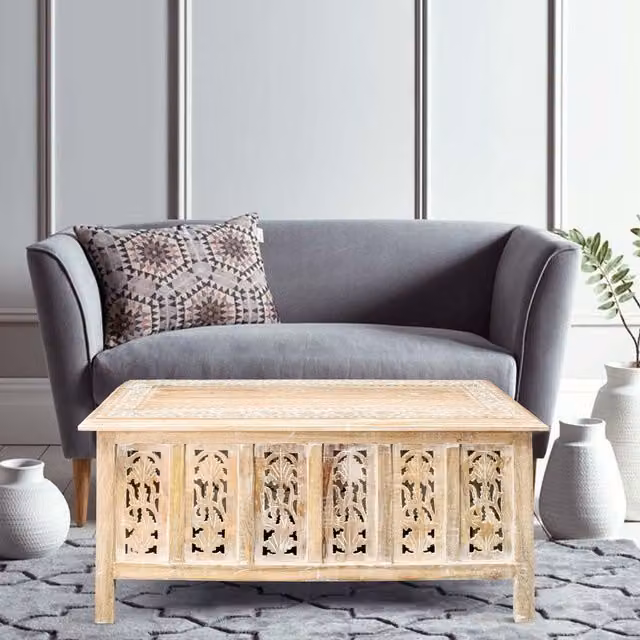 Topfurnishing Antique Floral Carved Rectangular Wood Coffee Table in Brown, Yellow and Beige