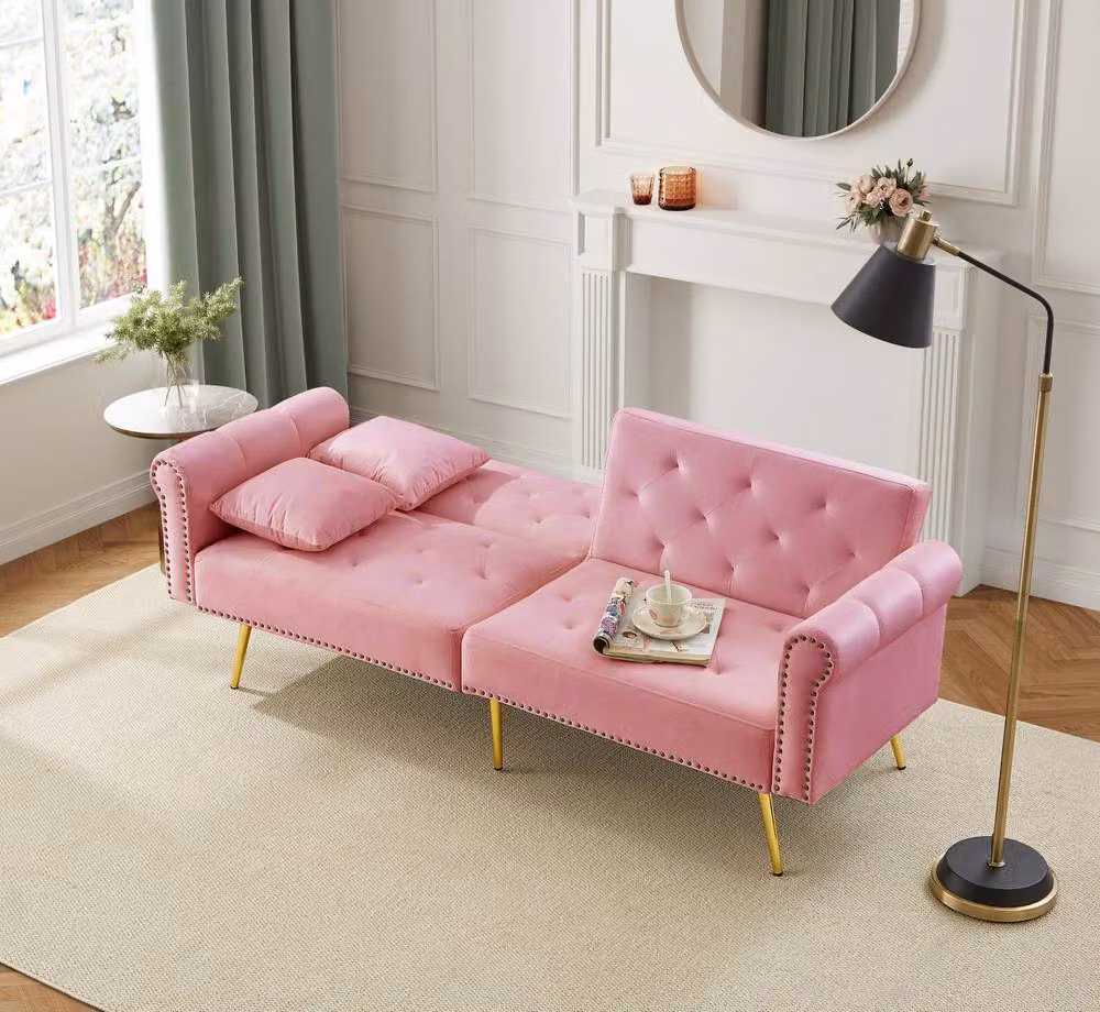 BTM Pink Velvet 2-Seater Sofa Bed with Gold Feet and Adjustable Backrest – 2