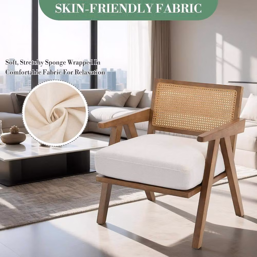 London Boutique Rattan Accent Armchair with Beige Fabric Upholstery – 4