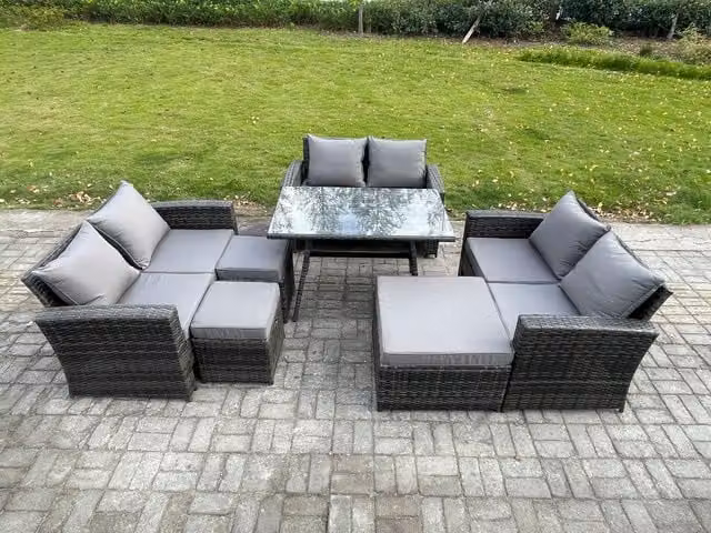 Fimous Outdoor Lounge Sofa Set in Dark Grey PE Rattan with Rectangular Dining Table, 2 Seat Sofa and 3 Footstools